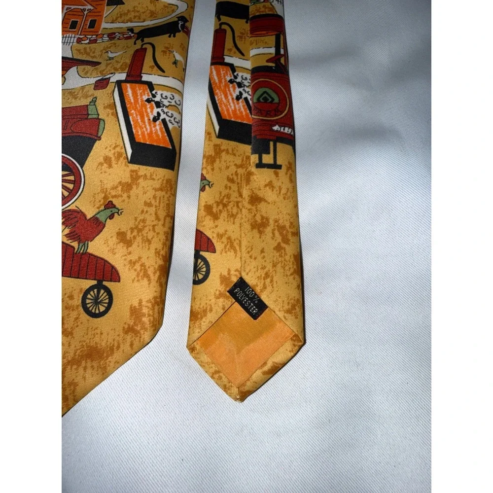 Vintage Farm Scene Novelty Tie Yellow Orange Red Barn Tractor Americana Folk Art